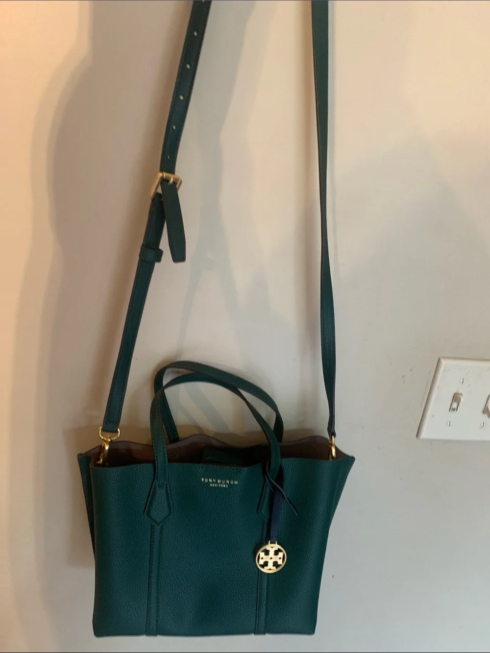 Tory Burch Deep Green Pebbled Leather Tote with Logo Charm